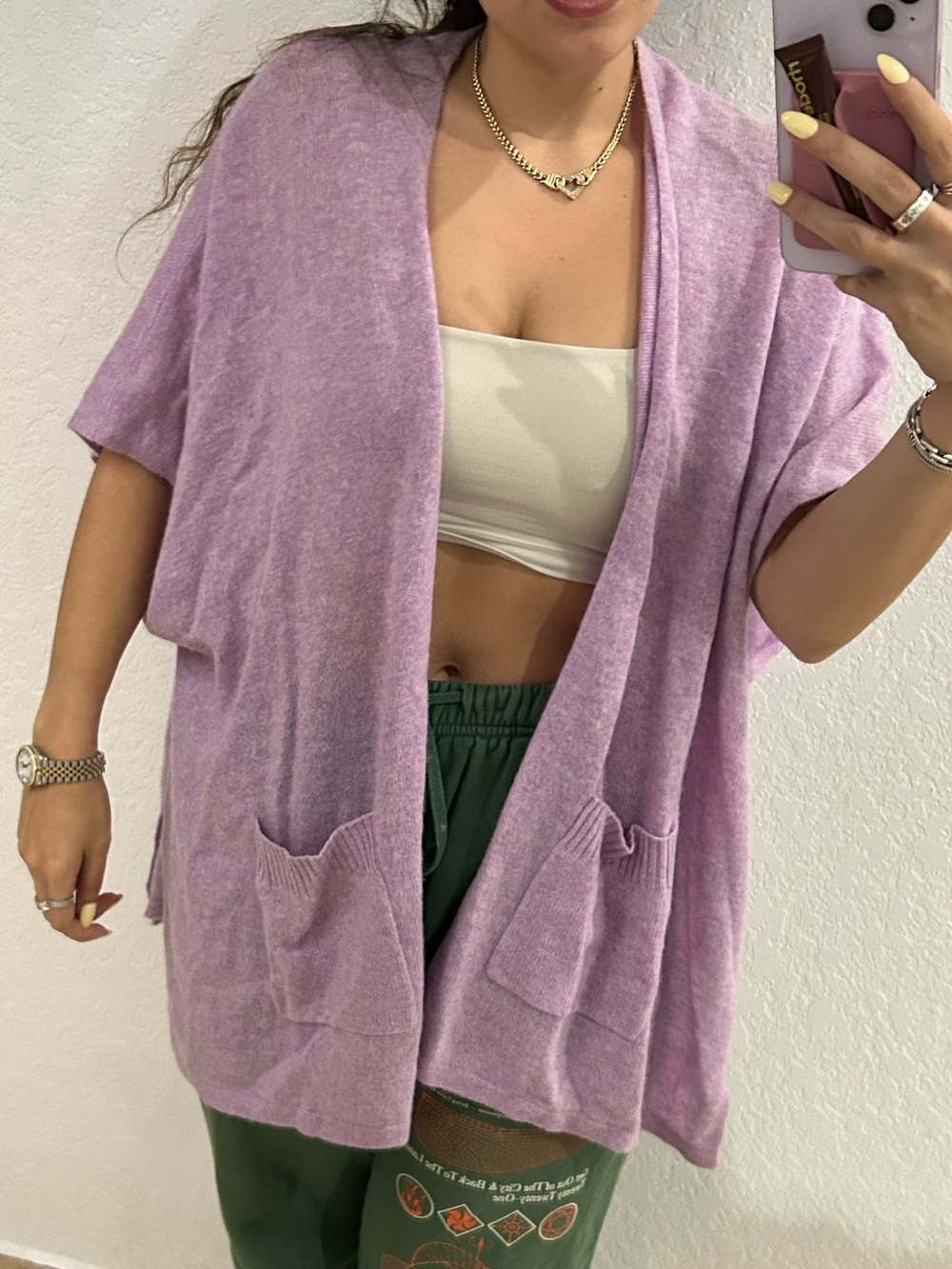 Nordstrom Lavender Open-Front Short-Sleeve Cardigan Cashmere